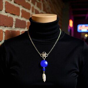 Big Bold Blue & Silver Feather Focal 22" Statement Necklace - Boho Beachy Casual